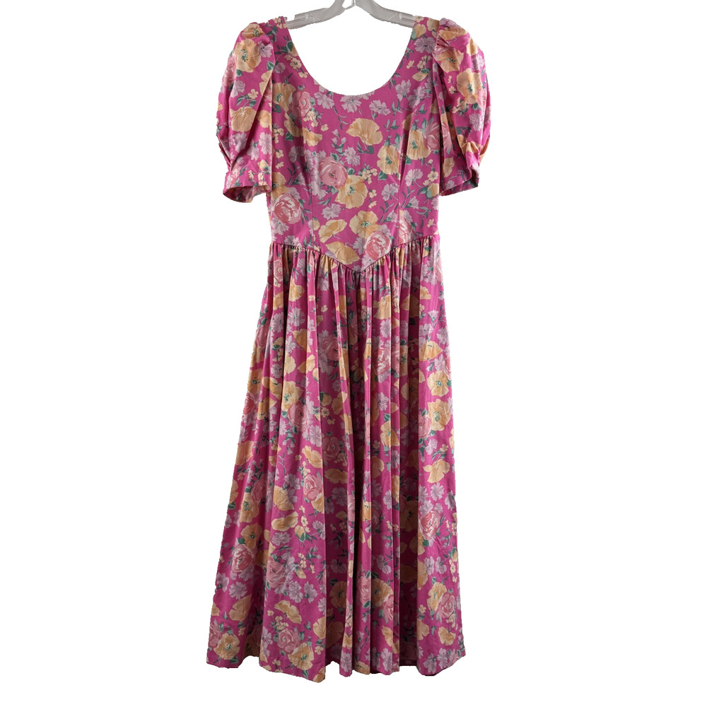 Vintage 1980s 80s LAURA ASHLEY Floral Cotton Puff Sleeve Midi Tea Dress 8 READ!